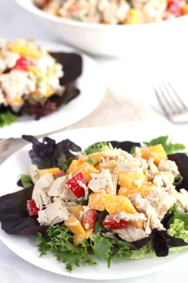 servings of chicken on white plates with a larger bowl behind