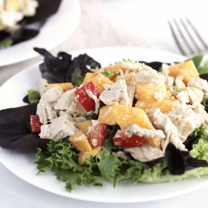 closeup shot of salad with chunks of chicken, mango, and red pepper in creamy dressing