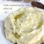 closeup of bowl of creamy mashed potatoes with Pinterest text