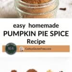 collage of pumpkin spice mix in jar and spices laid out separately below.