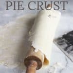 rolled out, floured pie crust folded over wooden rolling pin with title text