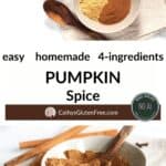 collage of pumpkin spice mix ingredients in a bowl and then mixed together.
