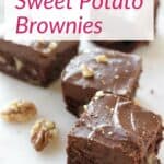 chocolate frosted sweet potato brownies with walnuts and title text