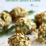 scattered stuffed mushrooms and spinach leaves on white surface with title text