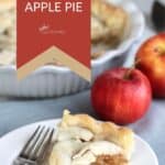 one slice of apple pie served on white plate, title text