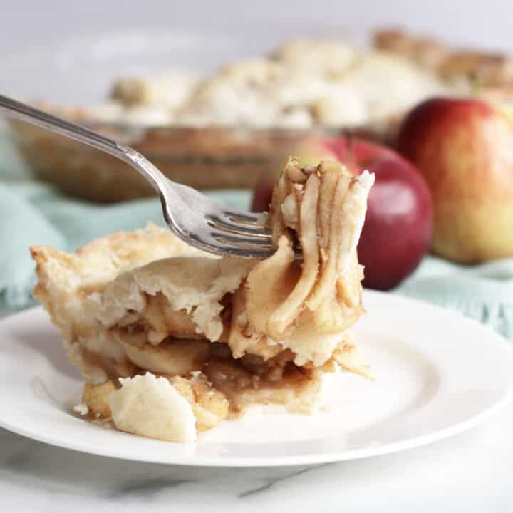 forkful of apple pie lifted in air above a piece of pie