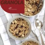 looking down on 3 bowls of homemade granola with title text