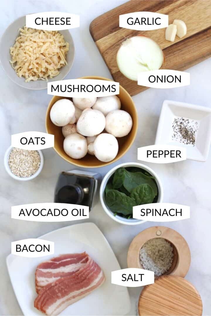 ingredients for stuffed mushrooms with bacon in individual bowls with labels