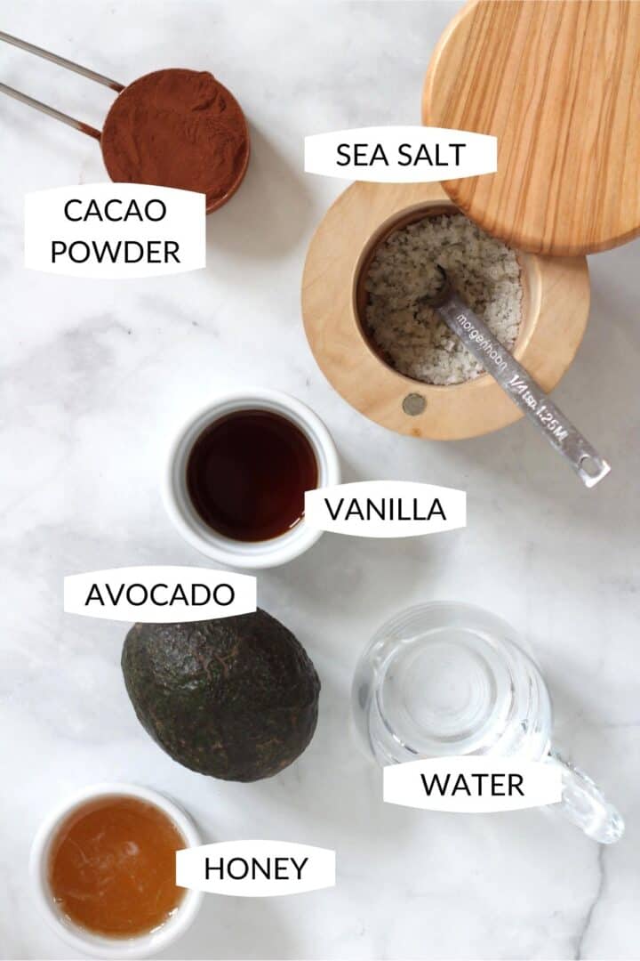 six individual ingredients for chocolate avocado pudding with labels