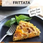 wedge of golden, browned gluten-free, dairy-free, sweet potato frittata on black plate.