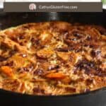 closeup of nicely browned sweet potato frittata in cast iron skillet.