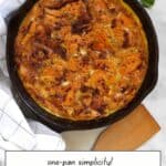 overhead view of sweet potato frittata in cast iron skillet.