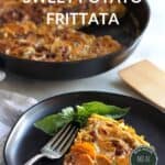 browned sweet potato frittata in cast iron skillet with wedge served on a black plate.
