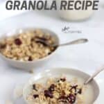 two bowls of granola with raisins and milk, milk bottle in background, title text