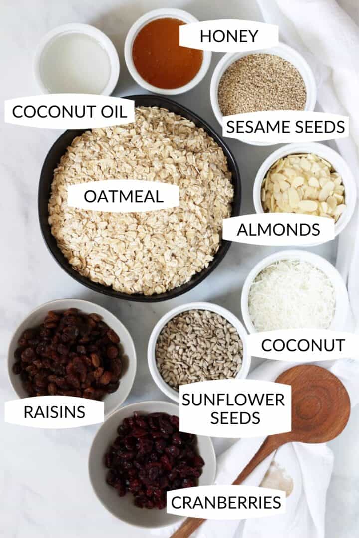 ingredients for this easy granola recipe in small bowls with labels