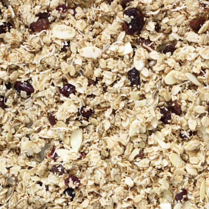 closeup view of granola with oats, sliced almonds, coconut, sesame seeds, sunflower seeds, raisins, and dried cranberries