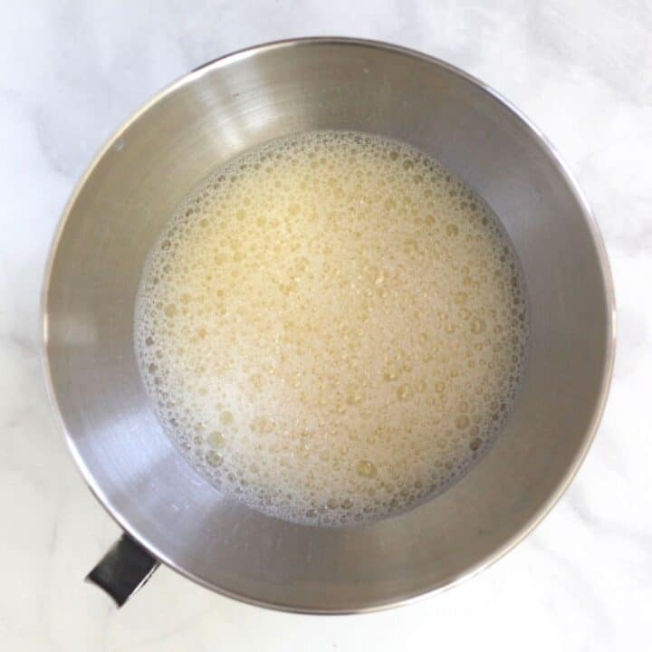 foamy, beaten eggs in bowl of stand mixer