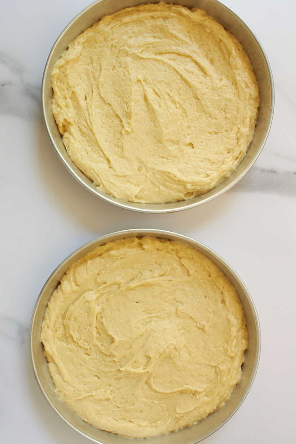 raw batter smoothed into two round cake pans.