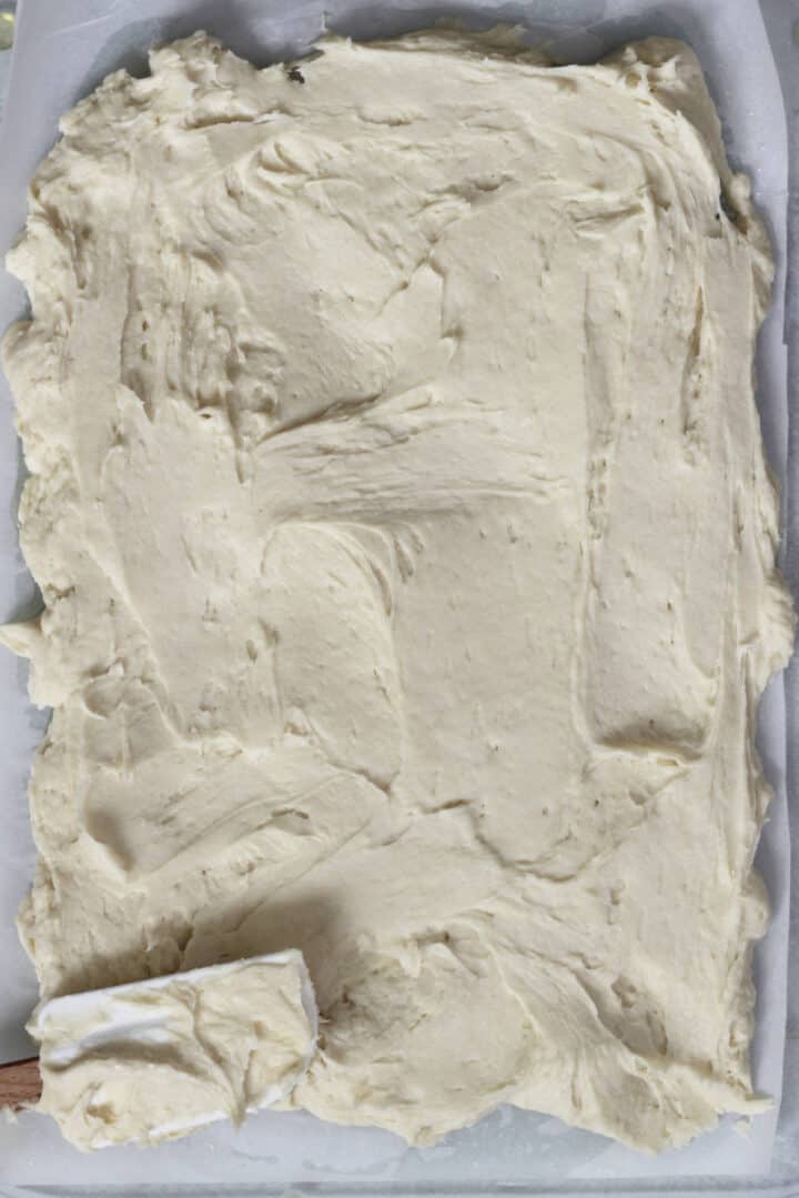 batter spread over rectangular shape with spatula