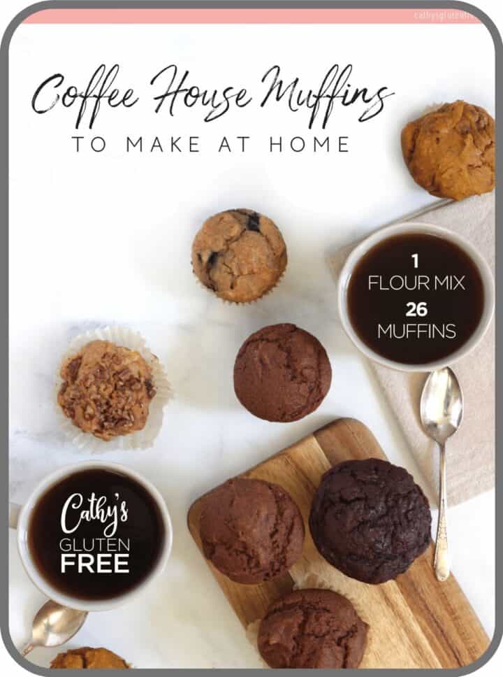 cover of Coffee House Muffins to Make at Home on tablet, image of looking down on the tops of various muffins and cups of coffee