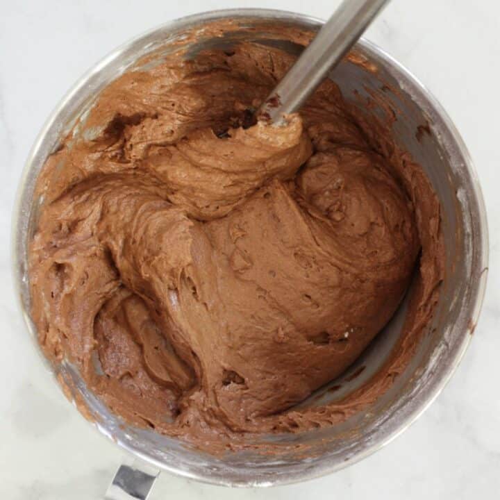 chocolate batter in bowl with spatula
