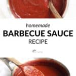 collage with top-down view, title, and angled view of homemade barbecue sauce in a pan