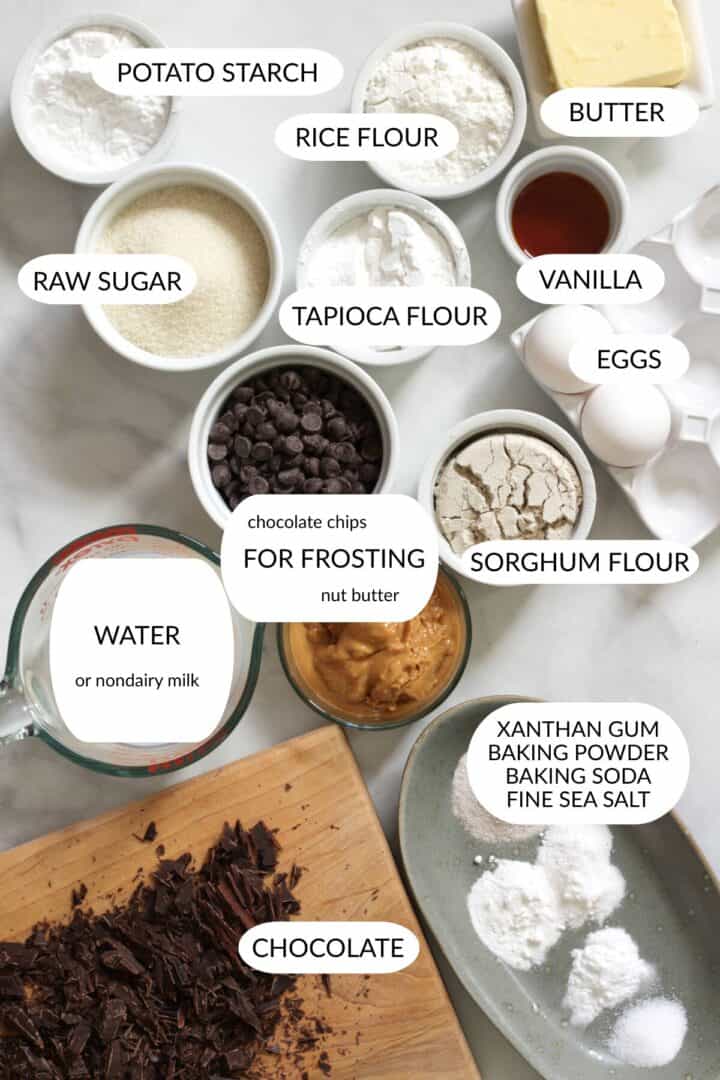 gluten-free chocolate cake ingredients with labels.
