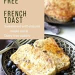 two black plates of golden French toast with blueberries