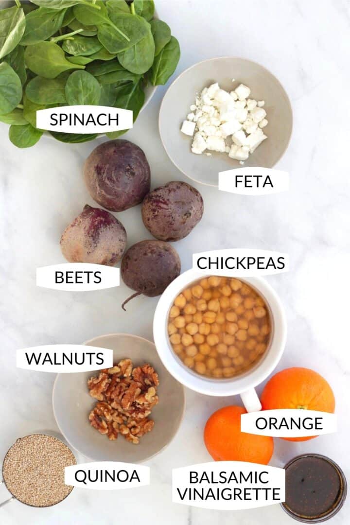 individual ingredients for roast beetroot salad in bowls with labels