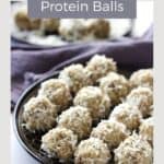 coconut-coated golden balls sitting on black plate, with more in background, and title text