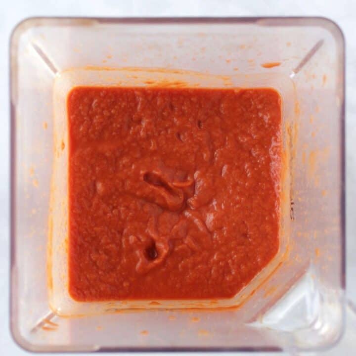 thick, tomato puree in bottom of blender jar