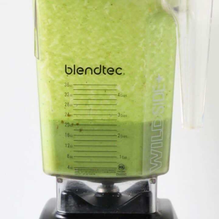 green smoothie in jar of Blendtec high-speed blender