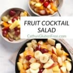 top down view of large bowl and two smaller bowls of fruit cocktail salad