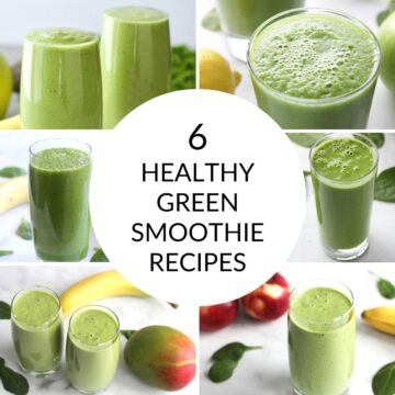 collage with 6 green smoothies in glasses, overlaid with text