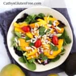 looking down on a salad of sliced mango and avocado, red grape tomatoes, slivered almonds, and diced red onion on leafy greens