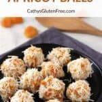 shaggy balls of shredded coconut and apricots sit on a black plate, with title text.