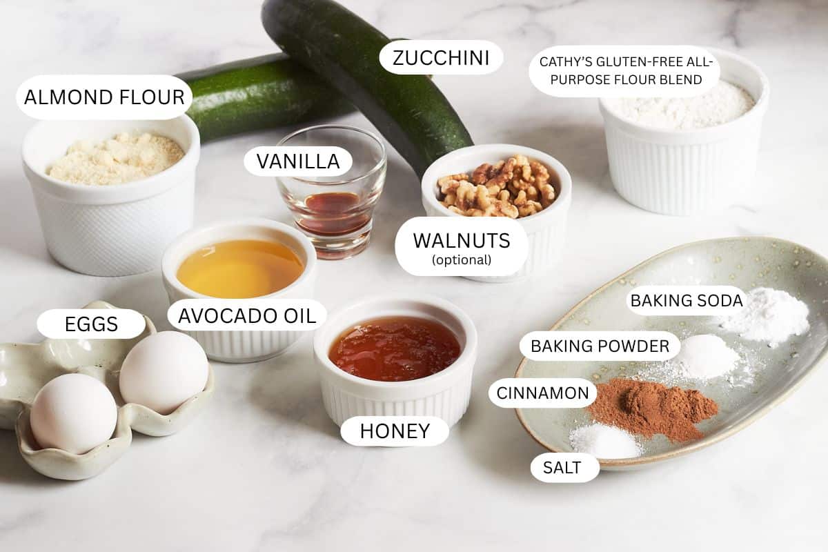 ingredients for gluten-free zucchini bread with labels.