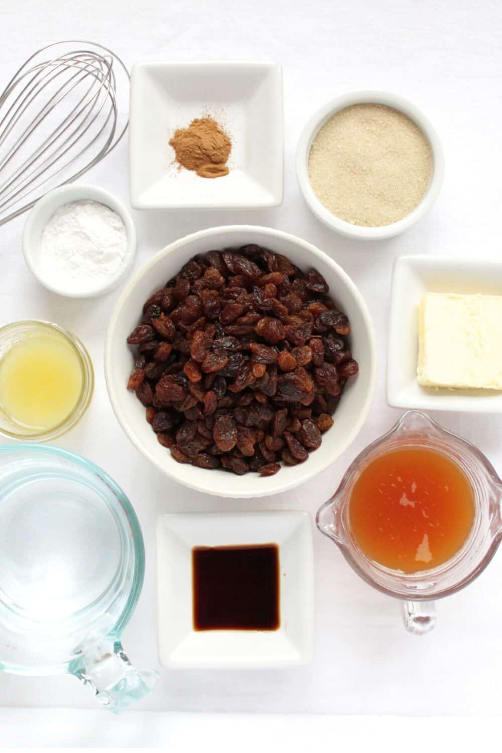 raisins, tapioca starch, cinnamon, raw sugar, butter, apple cider, vanilla, water, and lemon juice