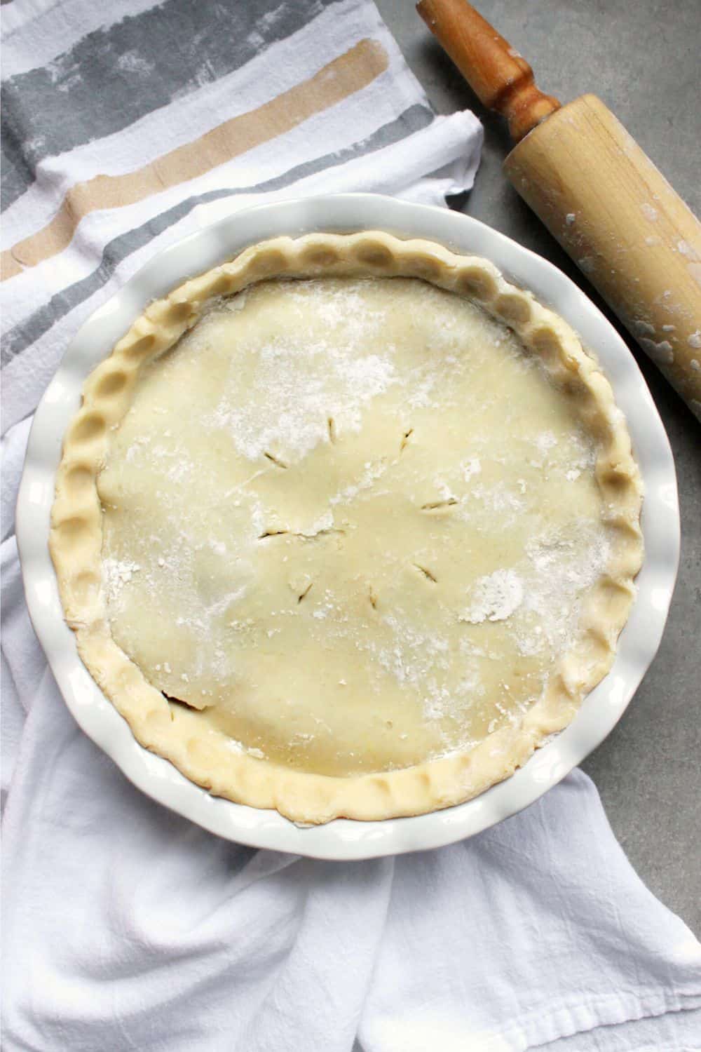looking down on top crust of unbaked pie. 