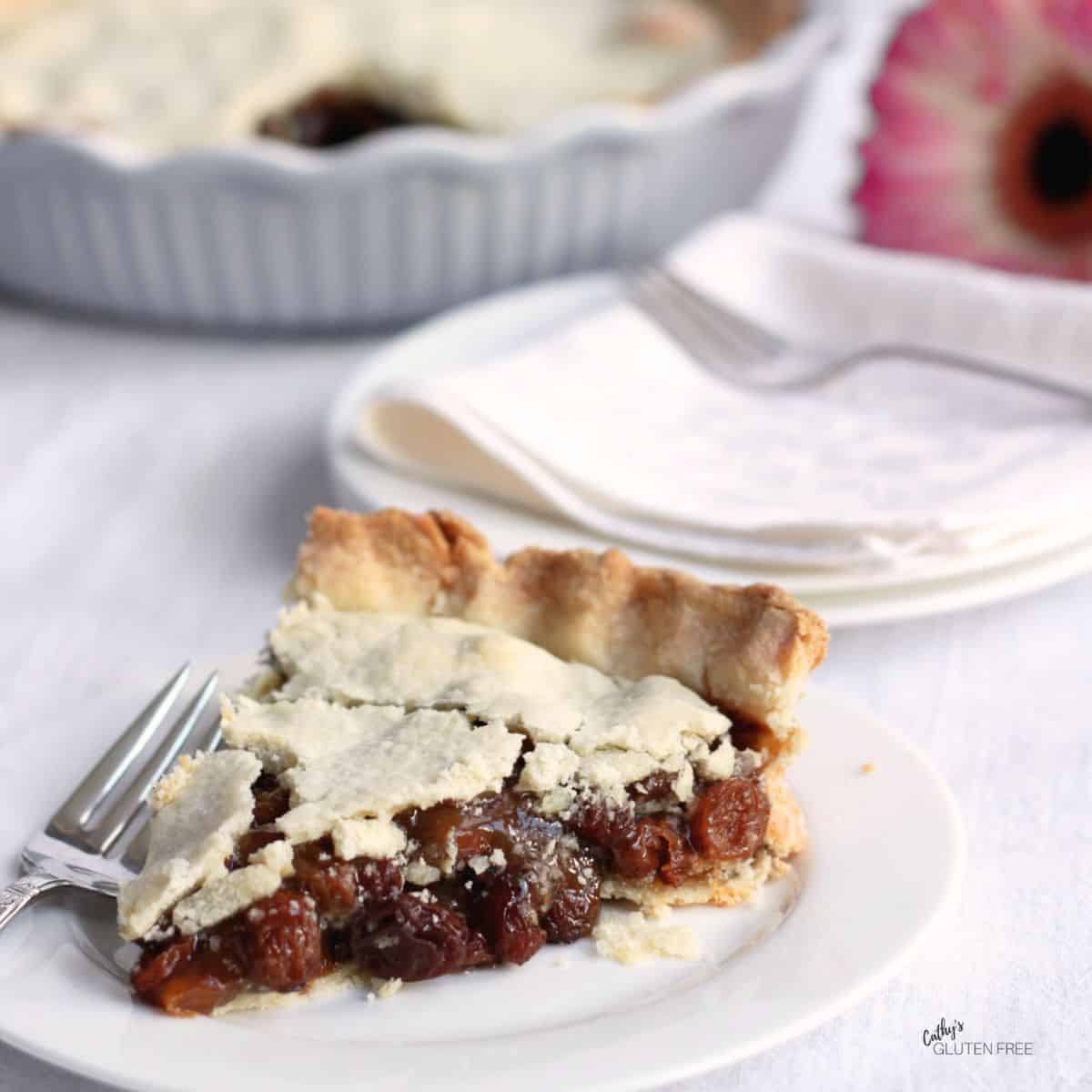 a slice of raisin pie removed from the pie plate sits on a small white plate with fork.