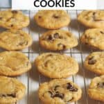 PInterest image of chocolate chip cookies cooling on a wire rack.