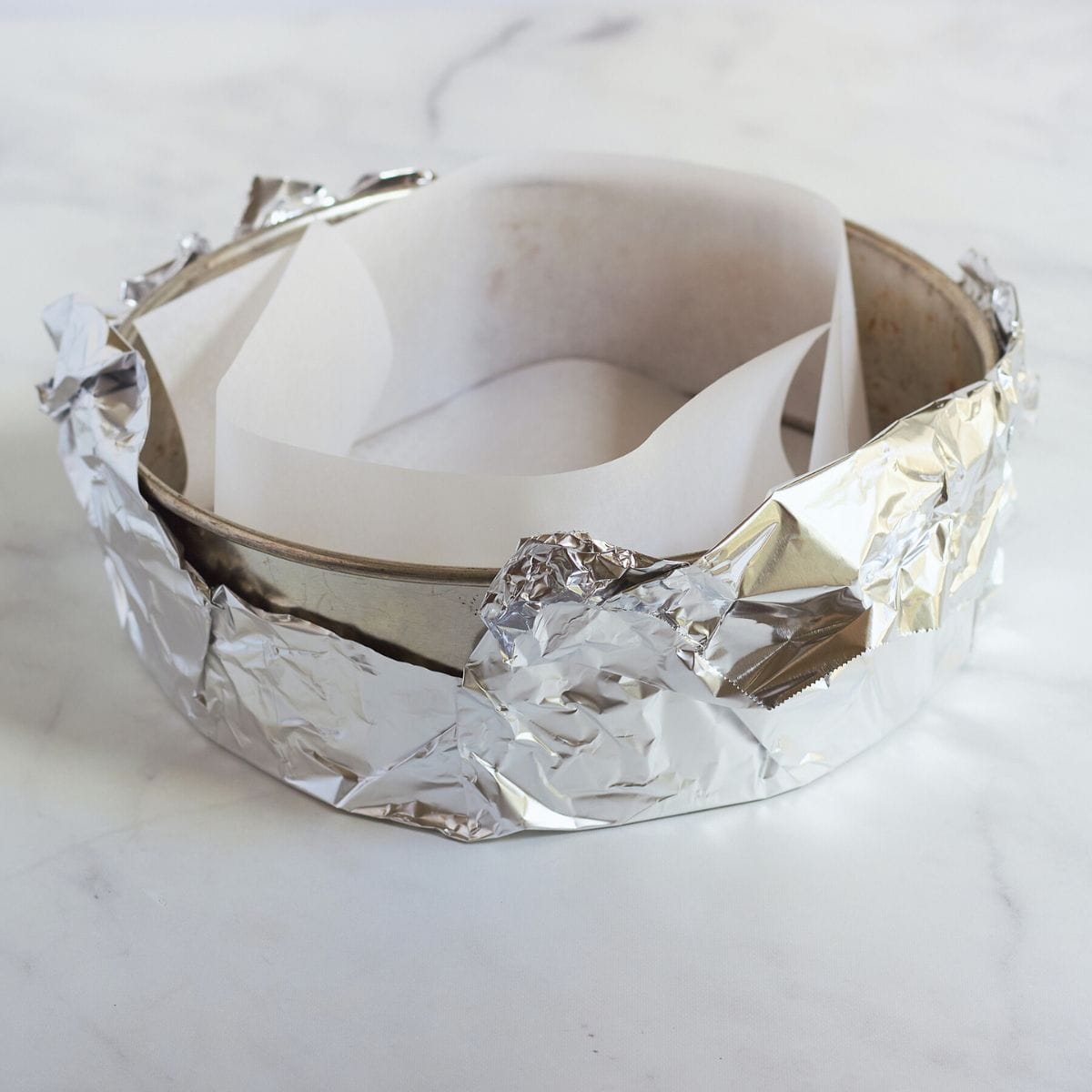 round springform pan lined in parchment paper and wrapped with foil.