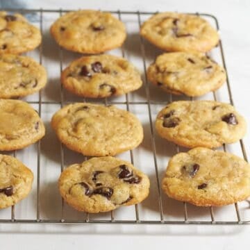 fresh chocolate chip cookies on wire rack