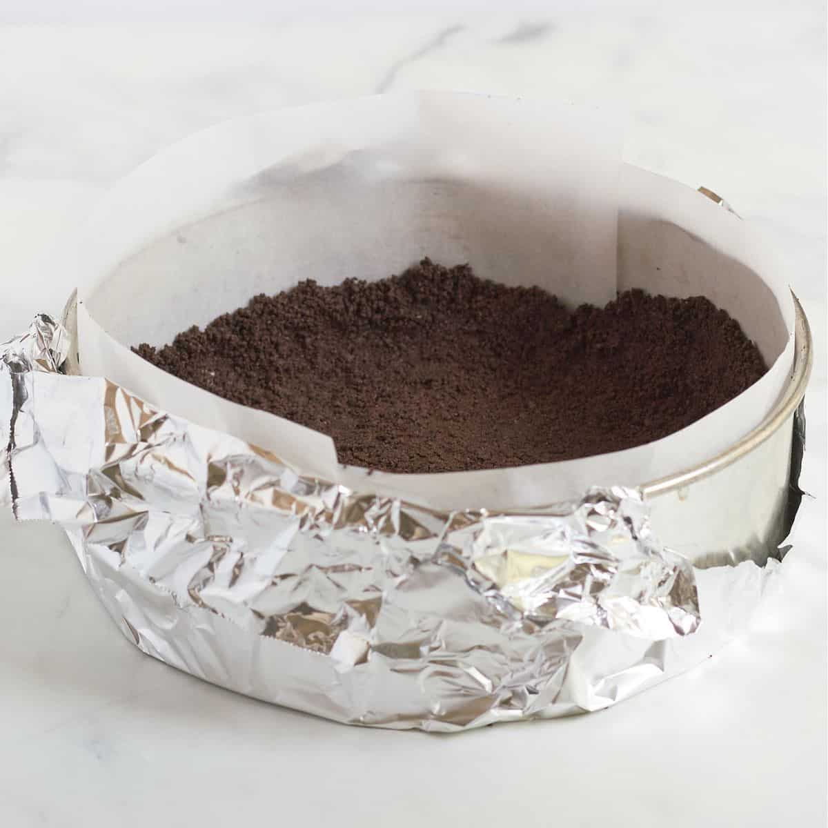 chocolate crumb crust pressed into the prepared pan.