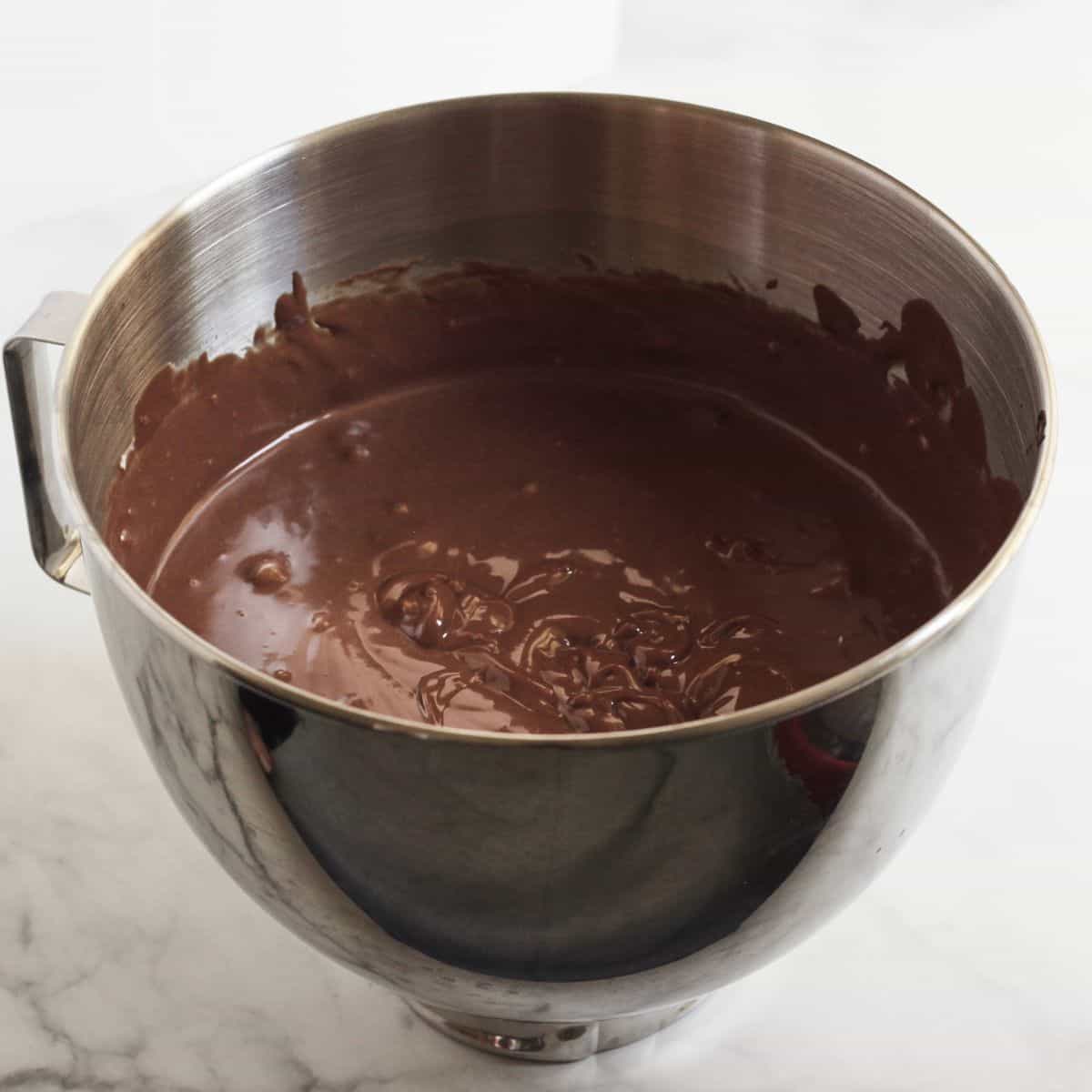 wet chocolate batter in stand mixer bowl.