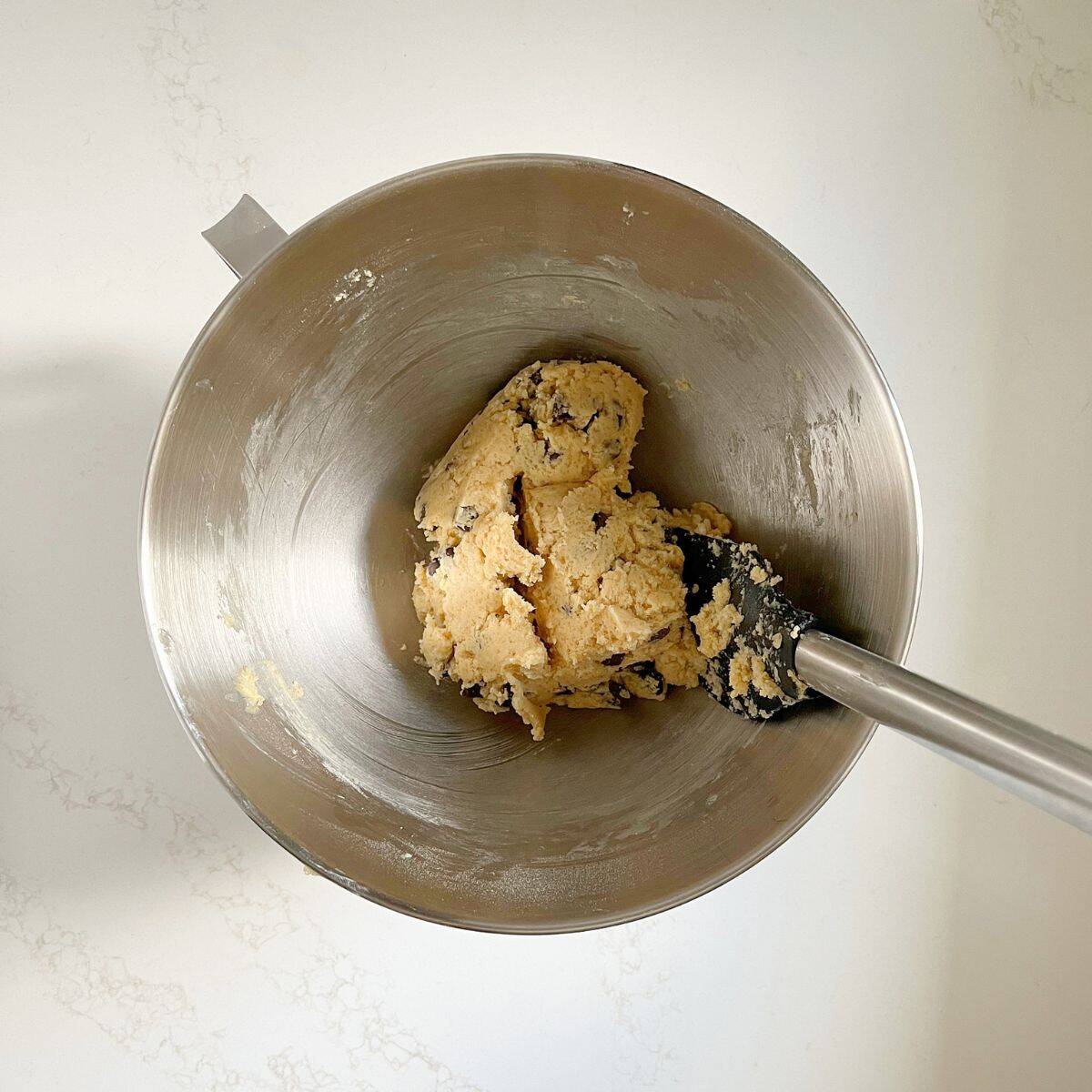 chocolate chips stirred into batter with spatula.