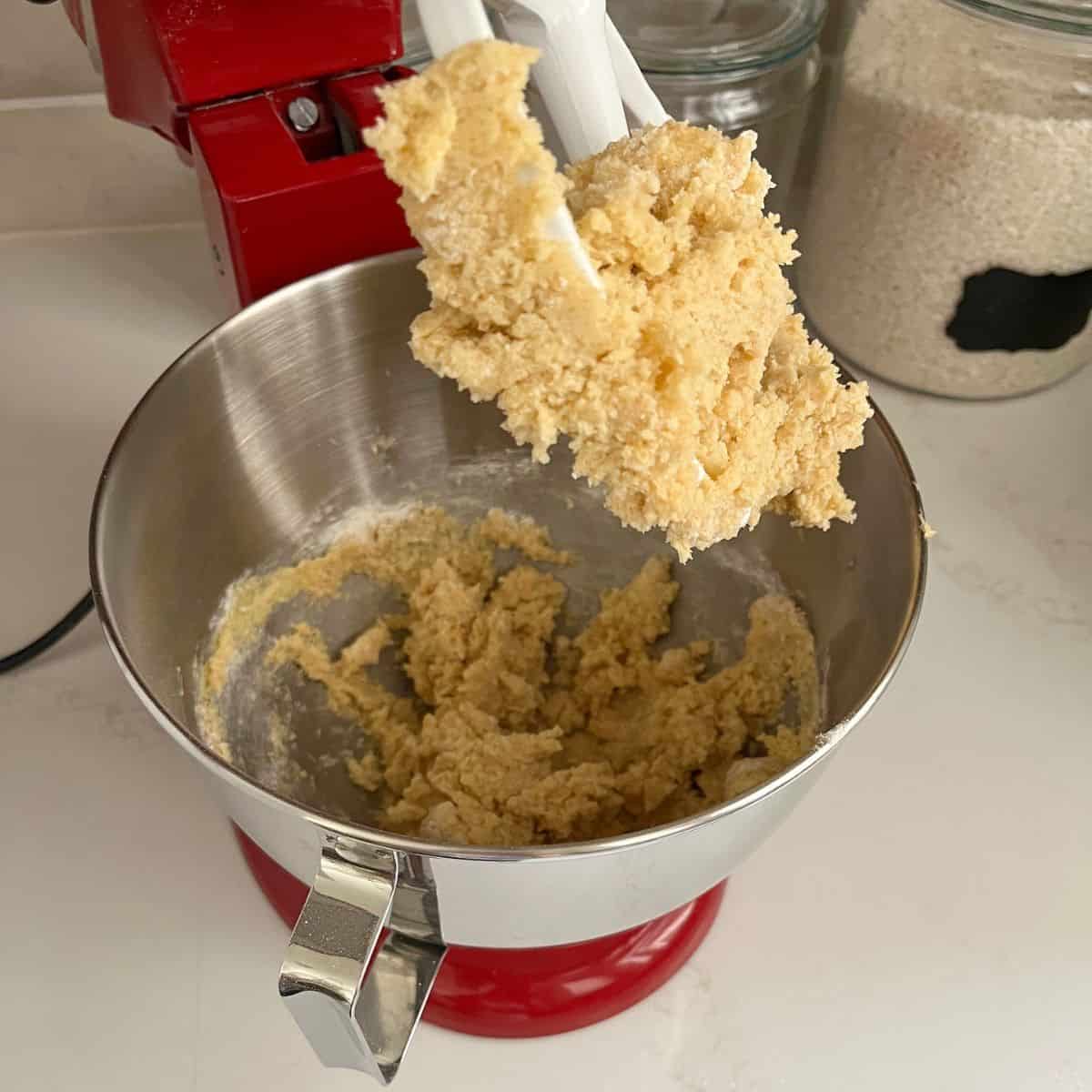 sticky dough on beater of stand mixer