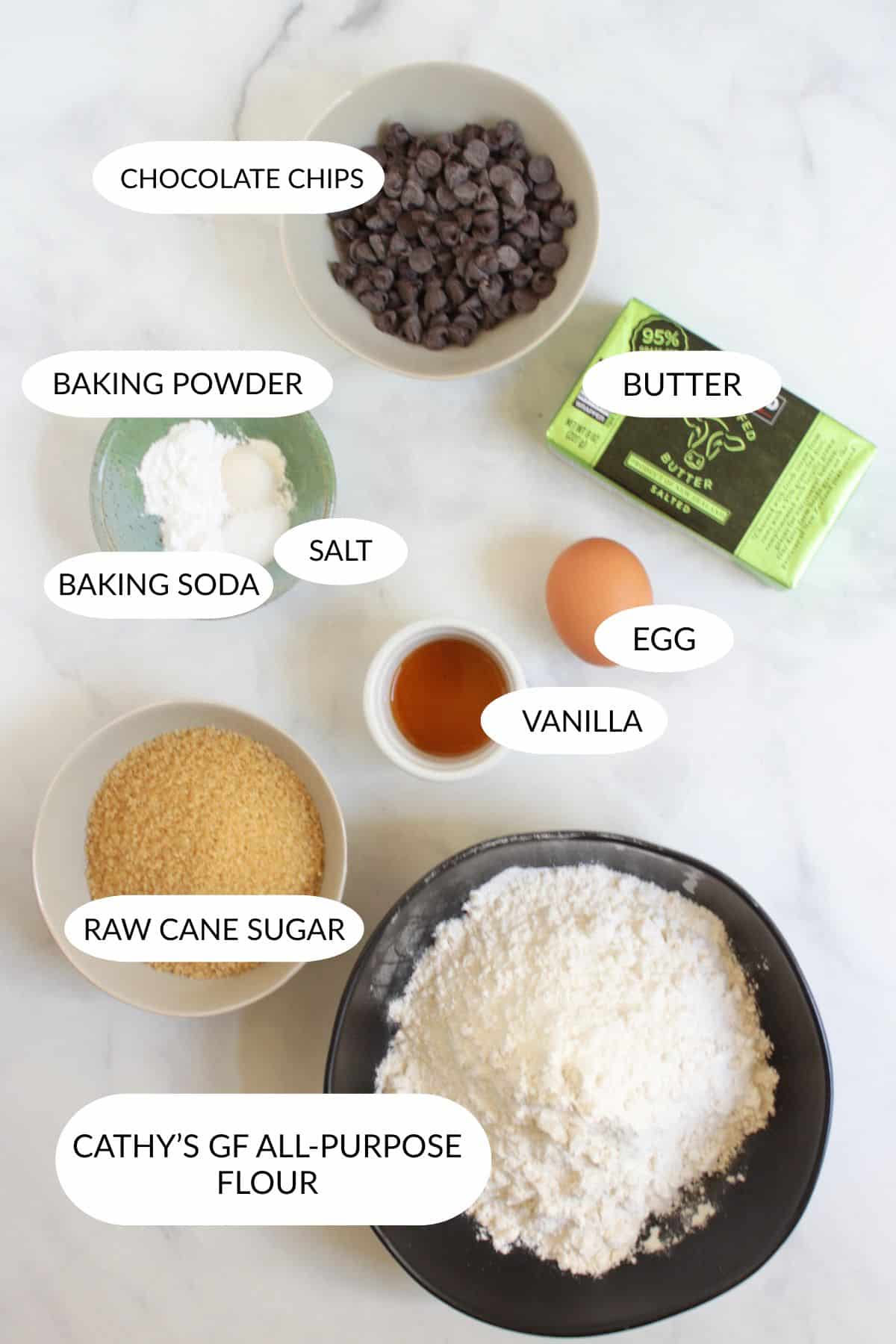 labelled ingredients for gluten-free chocolate chip cookies.