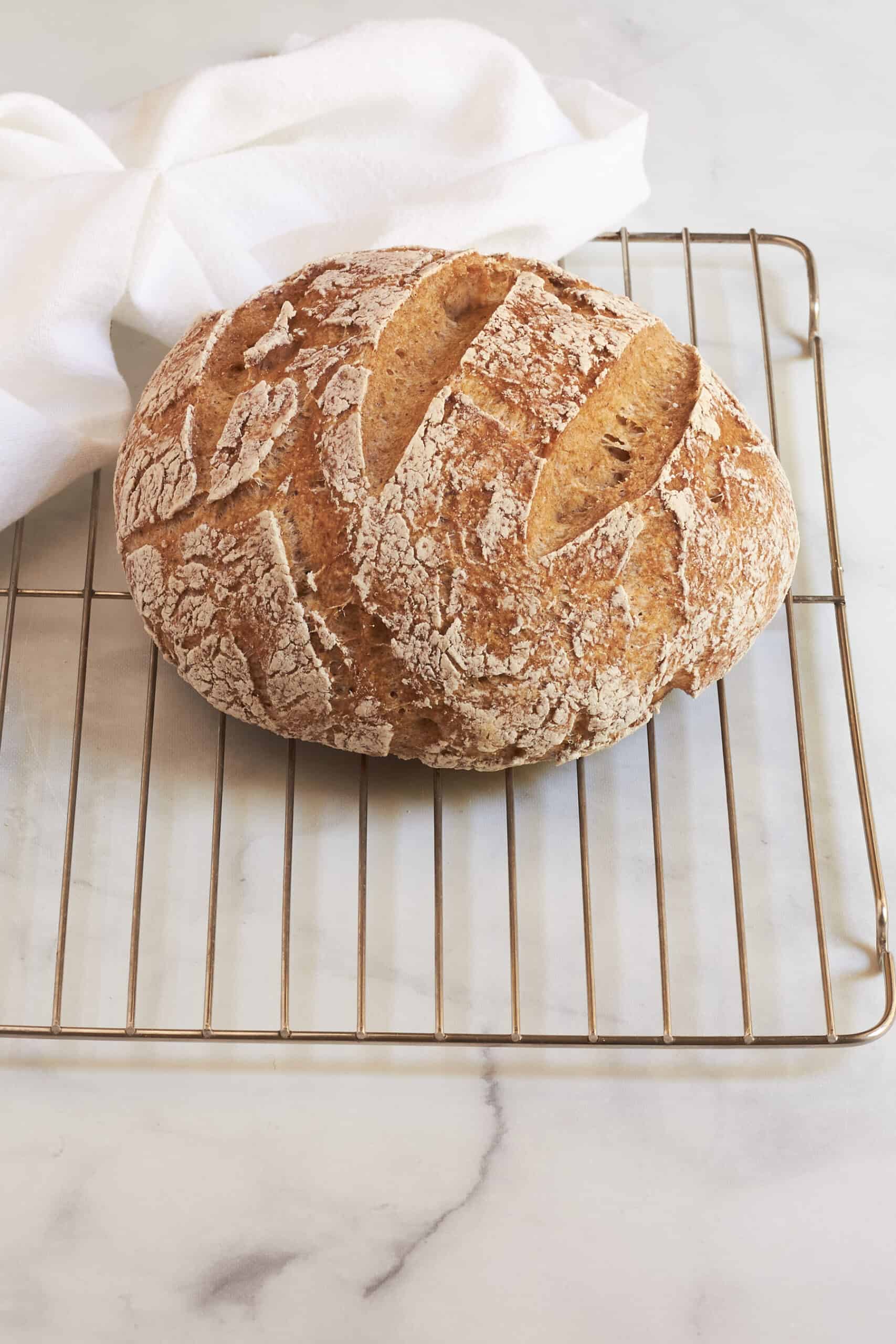 gluten-free artisan bread on wire rack.