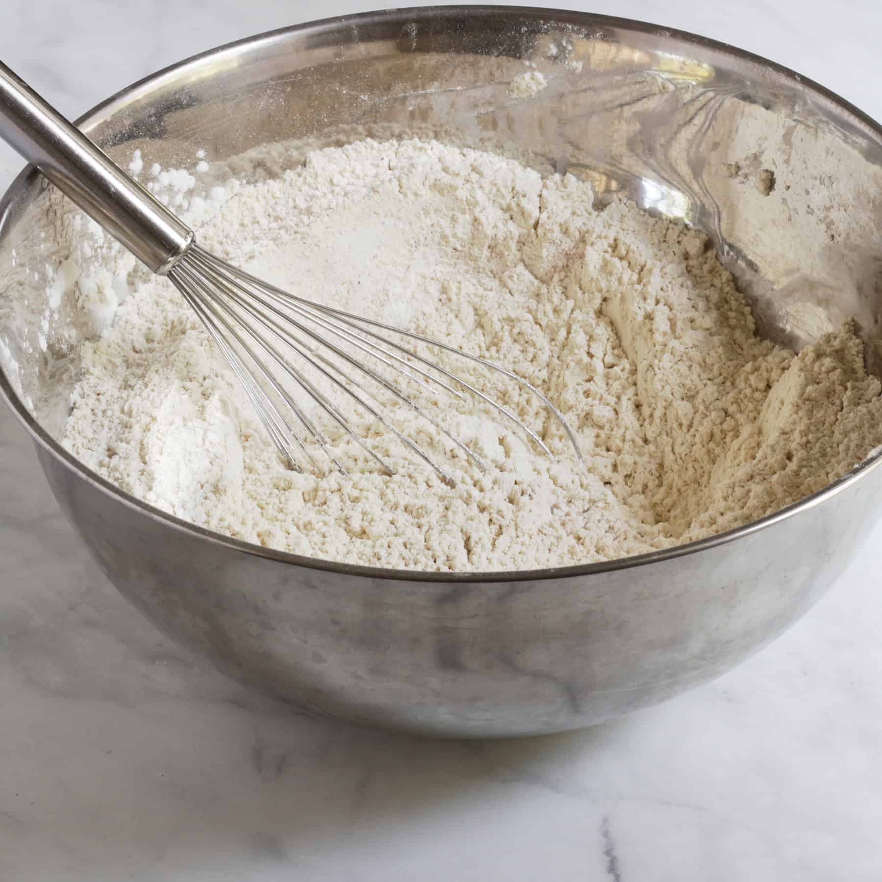 whisk in flour in a large, stainless steel mixing bowl.